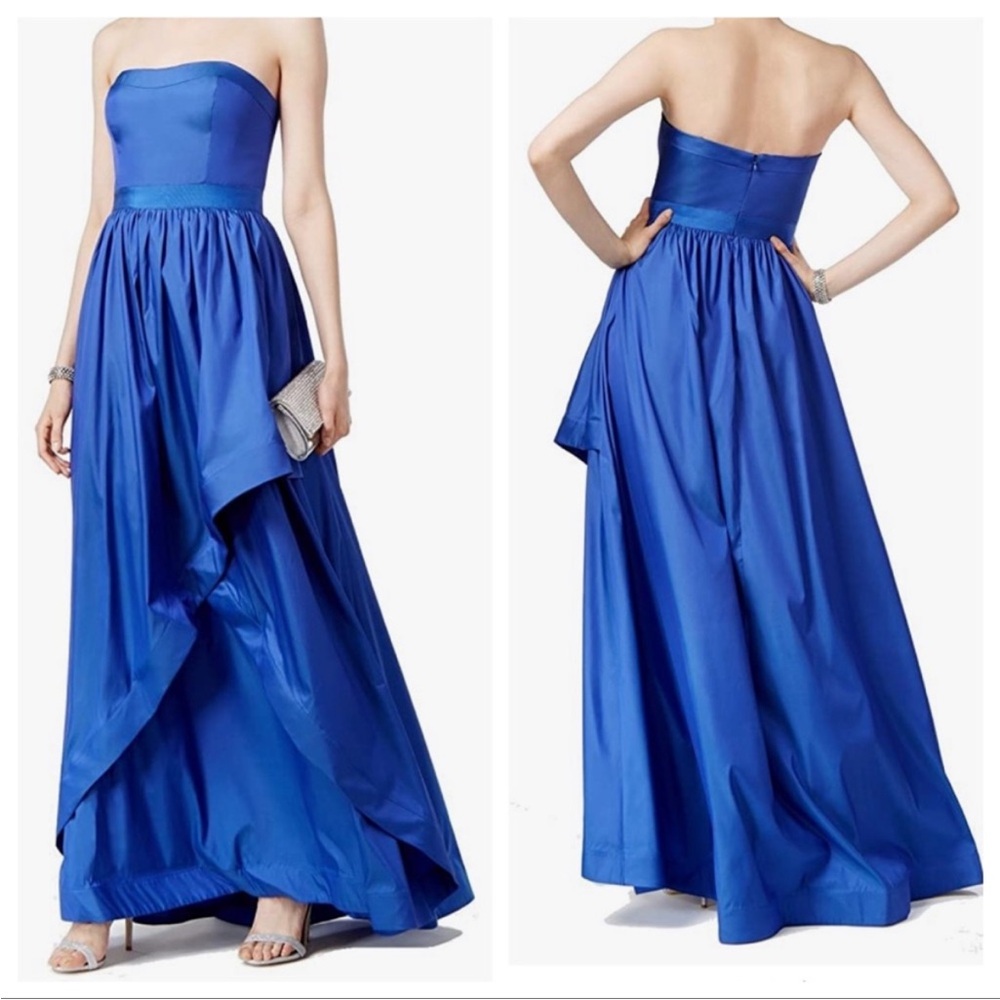 Adrianna Papell Royal Blue Backless High-Low Strapless Gown for Prom